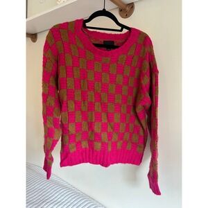 Lumiere Pink and Brown Checkerboard Knit Crewneck Sweater Small